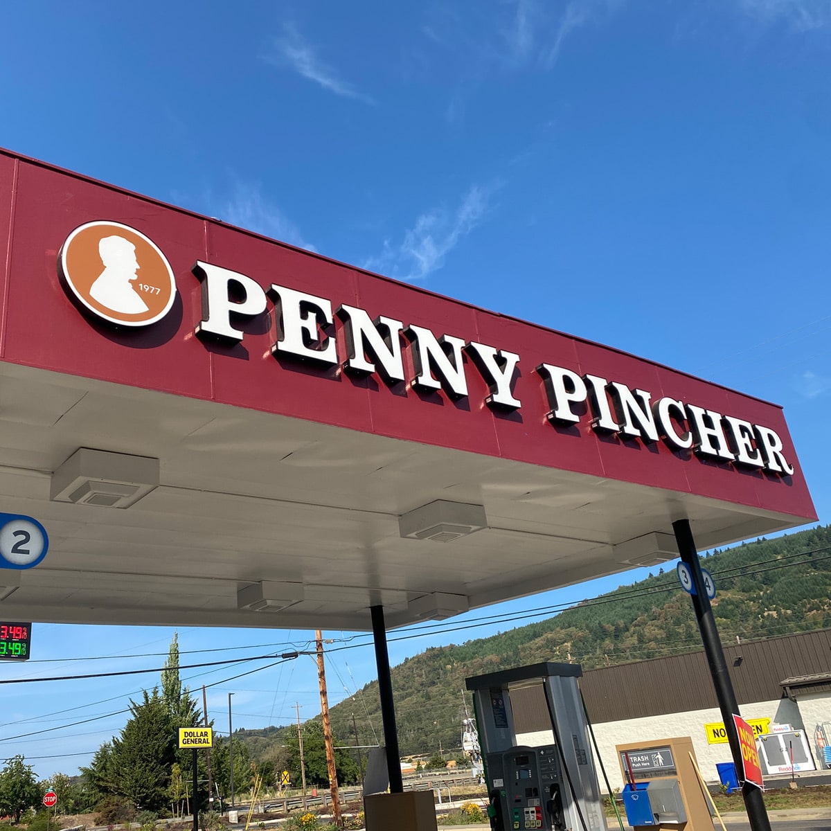 Shirtcliff Oil Company gas station awning in Riddle, Oregon called Penny Pincher.