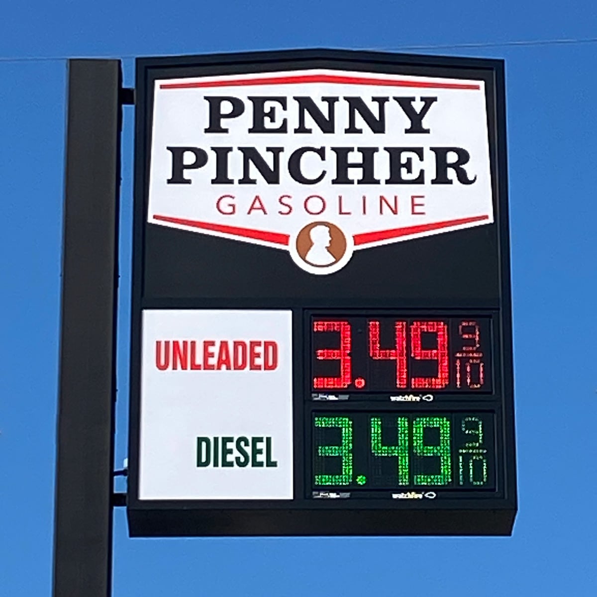 Shirtcliff Oil Company gas station price sign in Riddle, Oregon called Penny Pincher.