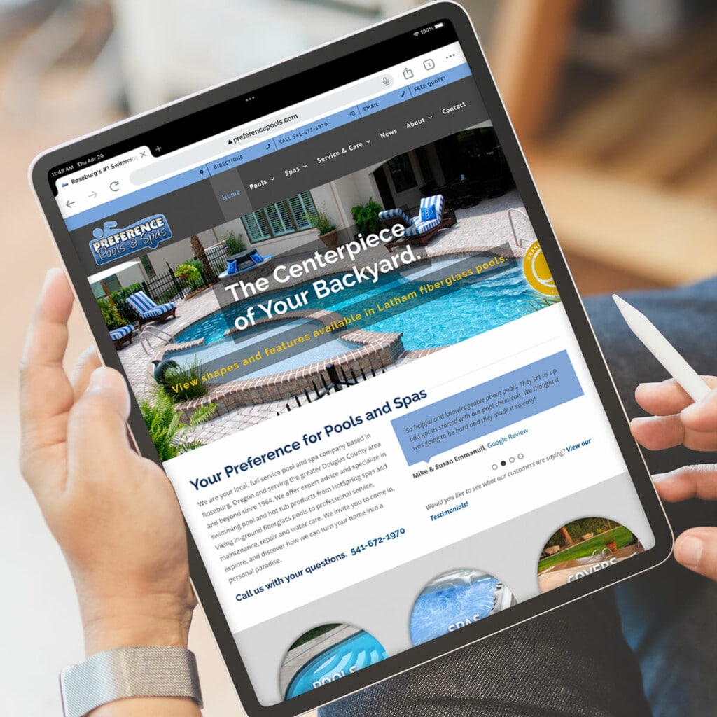 Wordpress website built for Preference Pools and Spas in Roseburg, Oregon