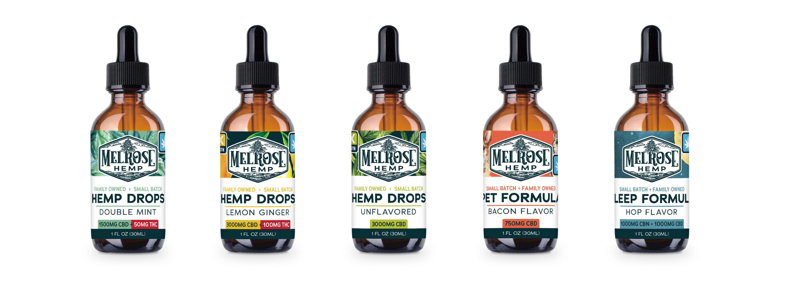 Melrose Hemp Drops CBD product line and label design